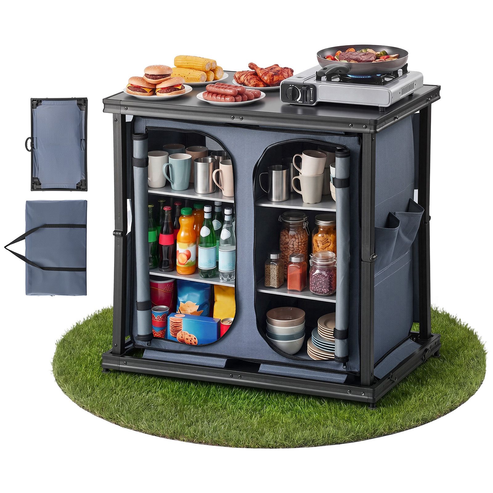 Camping Cooking Table With Storage - Składany szafka-kuchnia kempingowa, przenośny, lekki aluminiowy